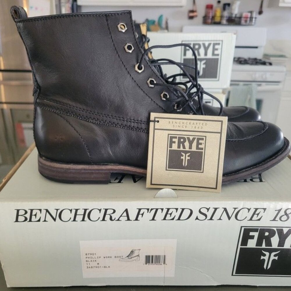 Frye Phillip Work Boot Black Genuine Leather Men's Size 11